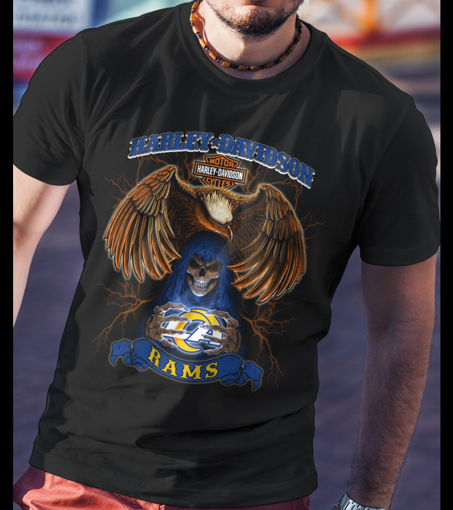 Harley Davidson Motorcycles Los Angeles Rams Nfl Eagle Skull T-Shirt