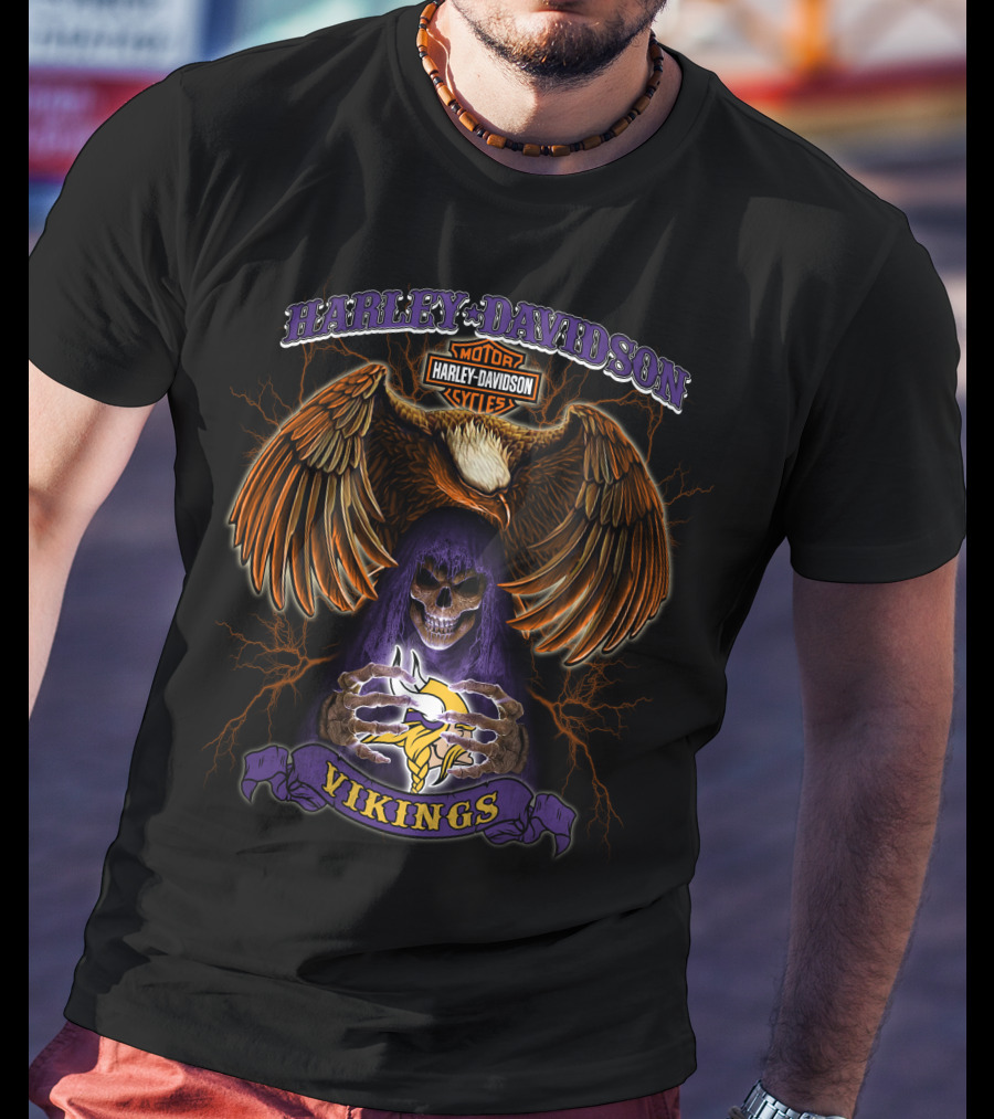 Harley Davidson Motorcycles Minnesota Vikings Eagles Skeleton T-Shirt