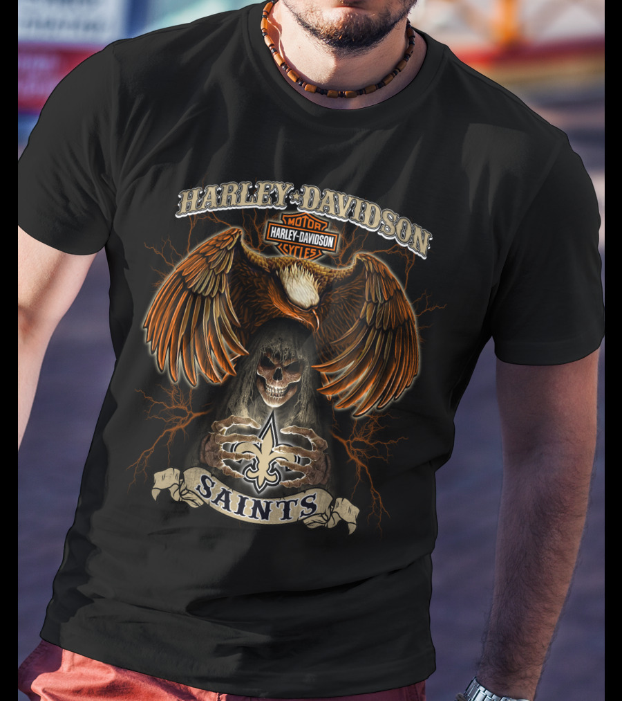 Harley Davidson Motorcycles Eagle Skull Saints Fleur-De-Lis T-Shirt