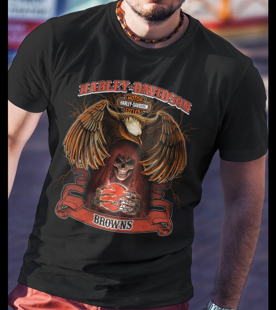 Harley Davidson Motor Cycles Eagle Skull Browns Football T-Shirt