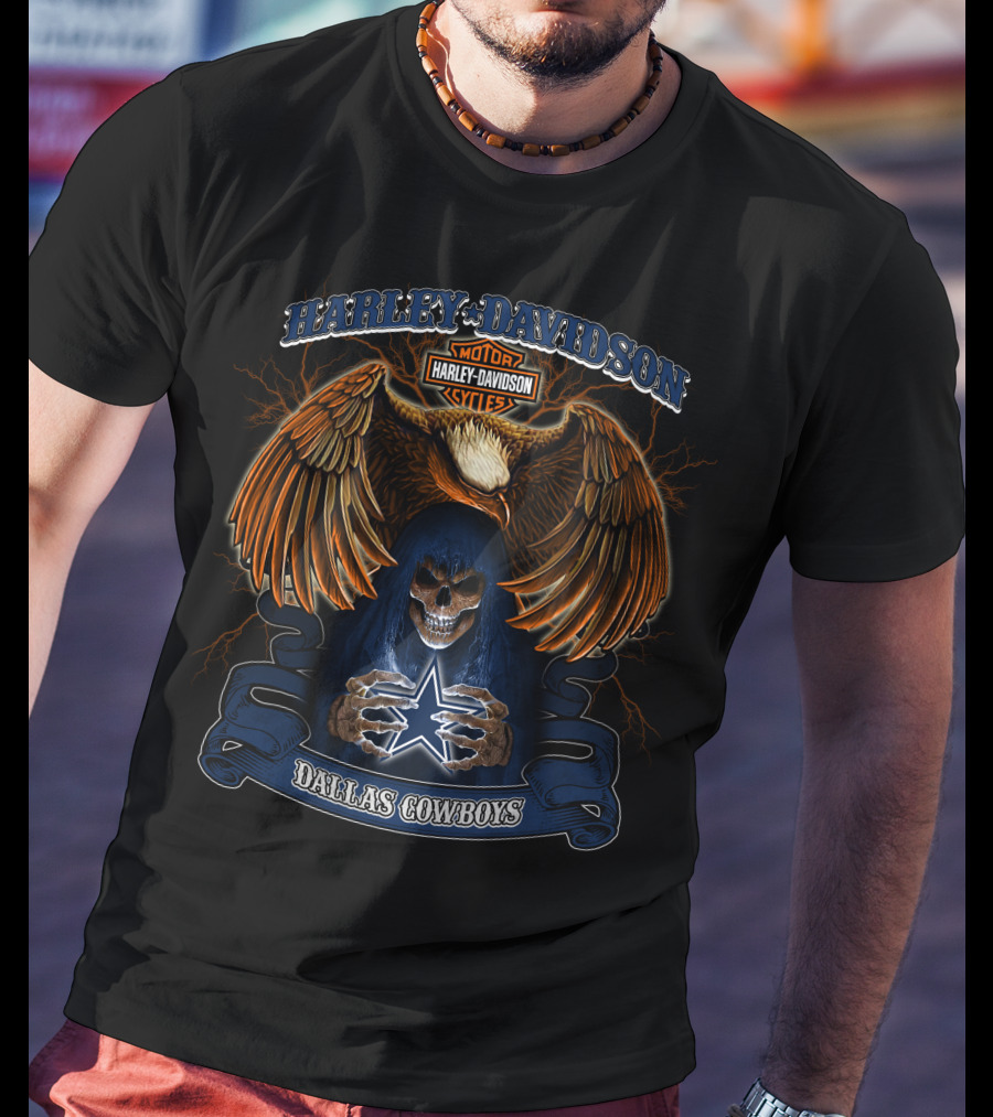 Harley Davidson Motor Cycles Eagle Skull Dallas Cowboys T-Shirt