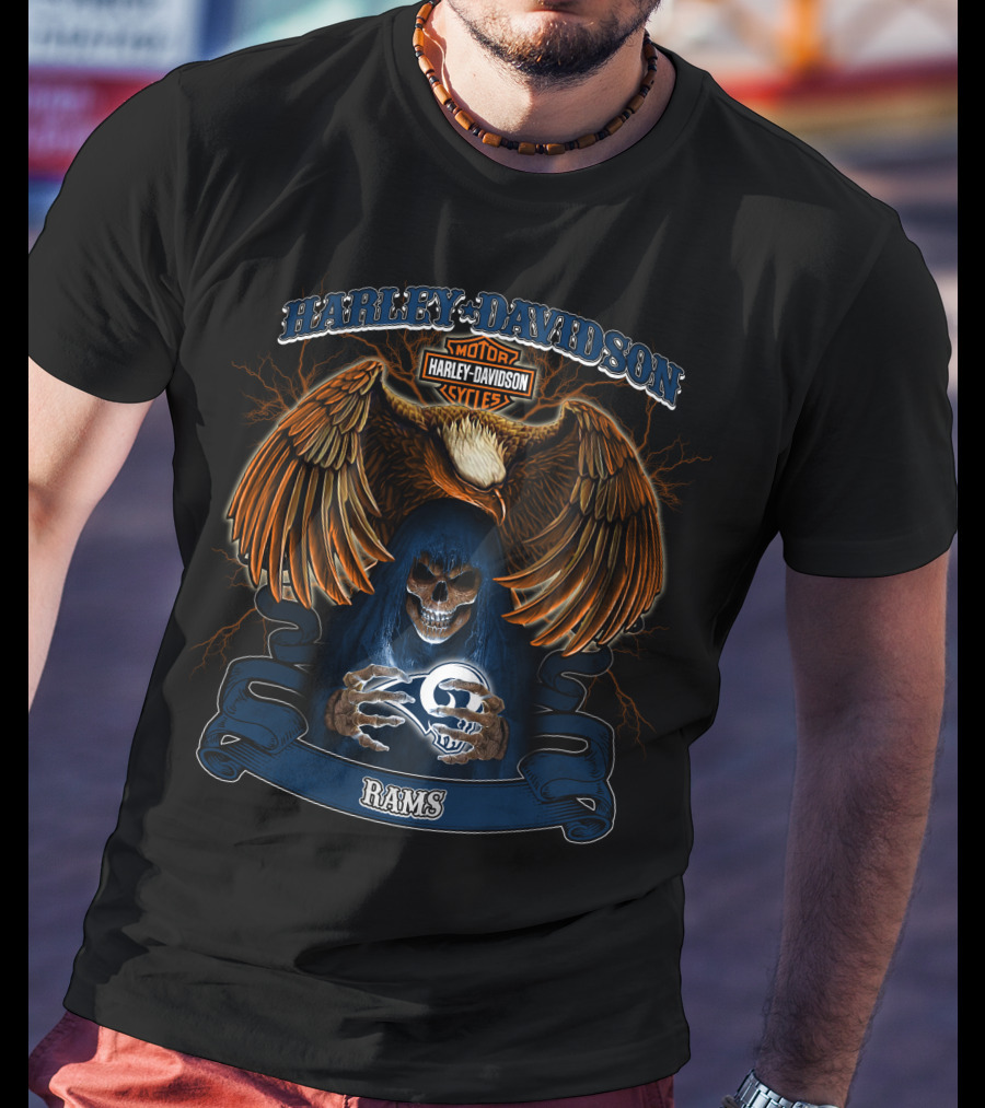 Harley Davidson Motorcycles Eagle Skull Nfl Rams T-Shirt