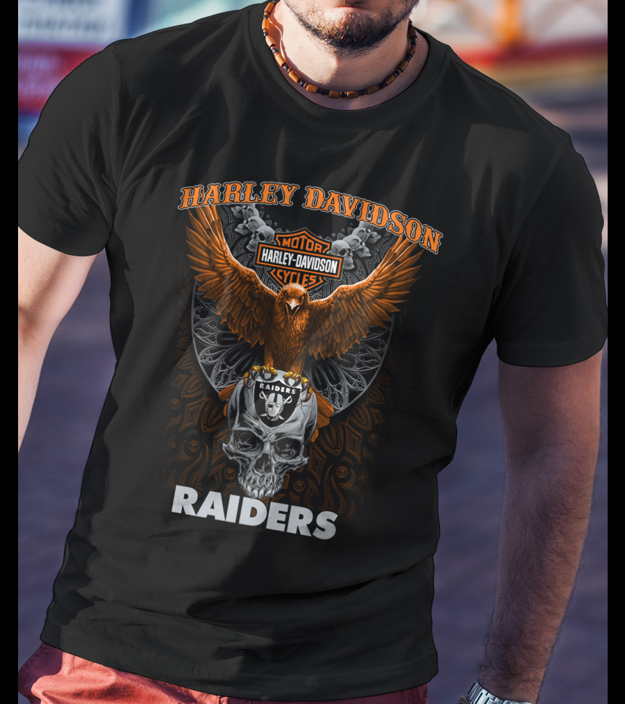 Harley Davidson Motor Cycles Raiders Eagle Skull Las Vegas Raiders Nfl T-Shirt