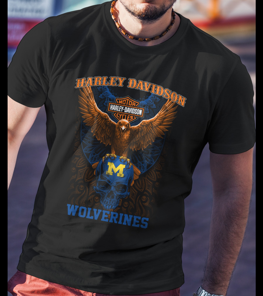 Harley Davidson Motorcycles Michigan Wolverines Eagle Skull T-Shirt
