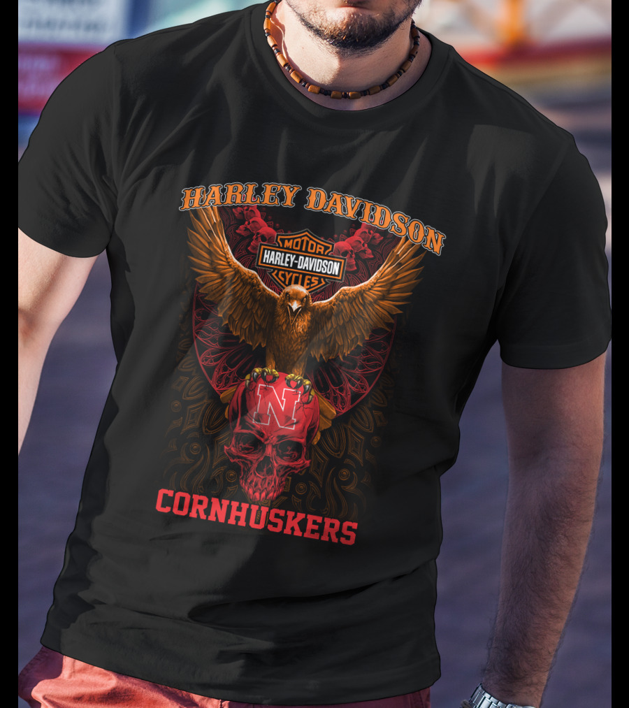 Harley Davidson Motor Cycles Cornhuskers Nebraska N Logo Eagle Red Skull T-Shirt