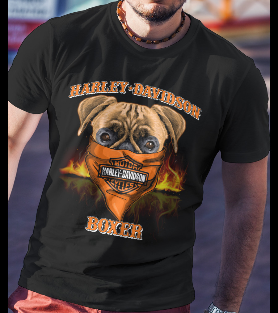 Harley Davidson Motorcycles Boxer Dog In Bandana With Flames T-Shirt
