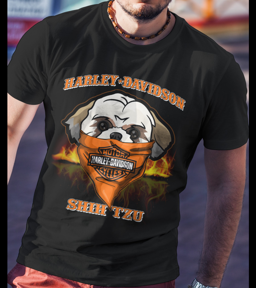 Harley Davidson Shih Tzu Motorcycle Bandana Flames T-Shirt