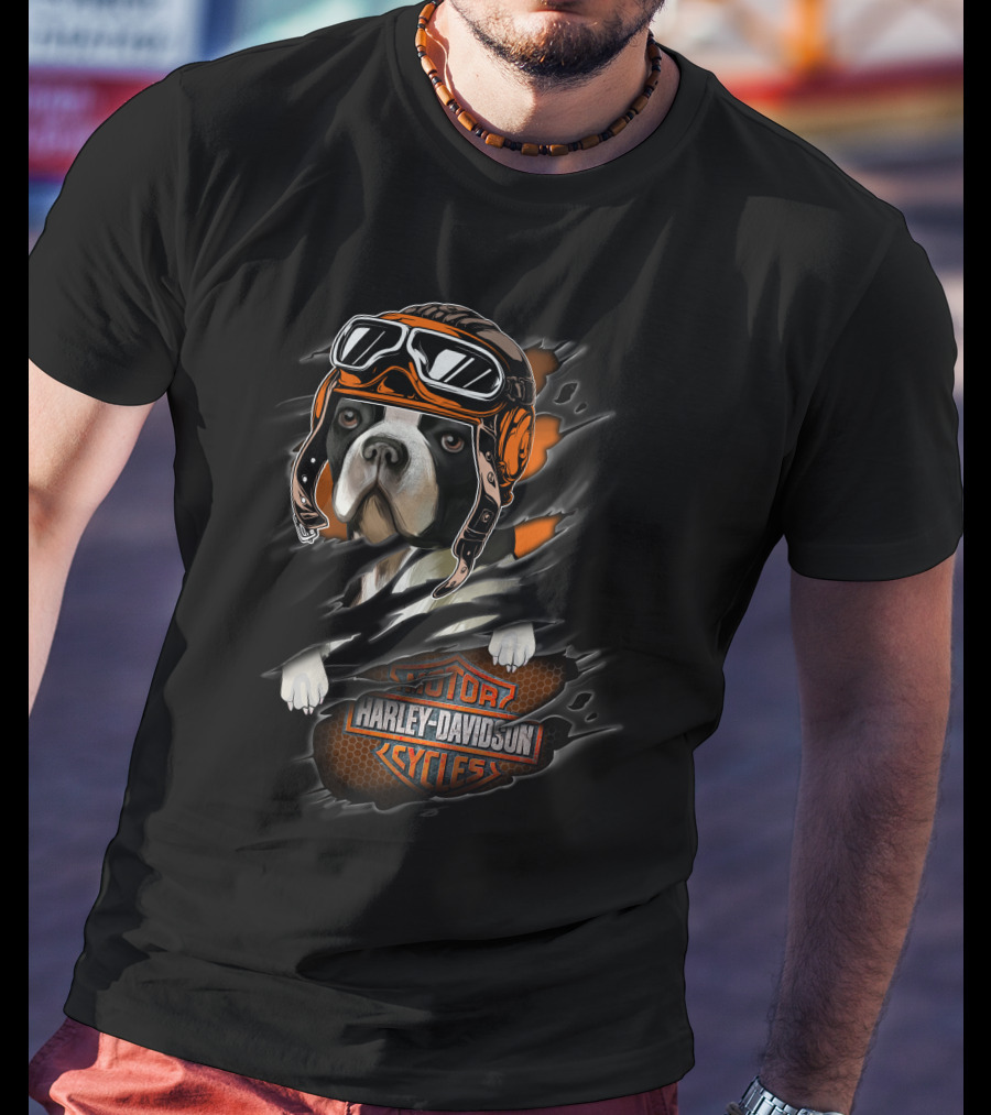 Boston Terrier Harley Davidson Cycles Vintage Aviator Helmet T-Shirt