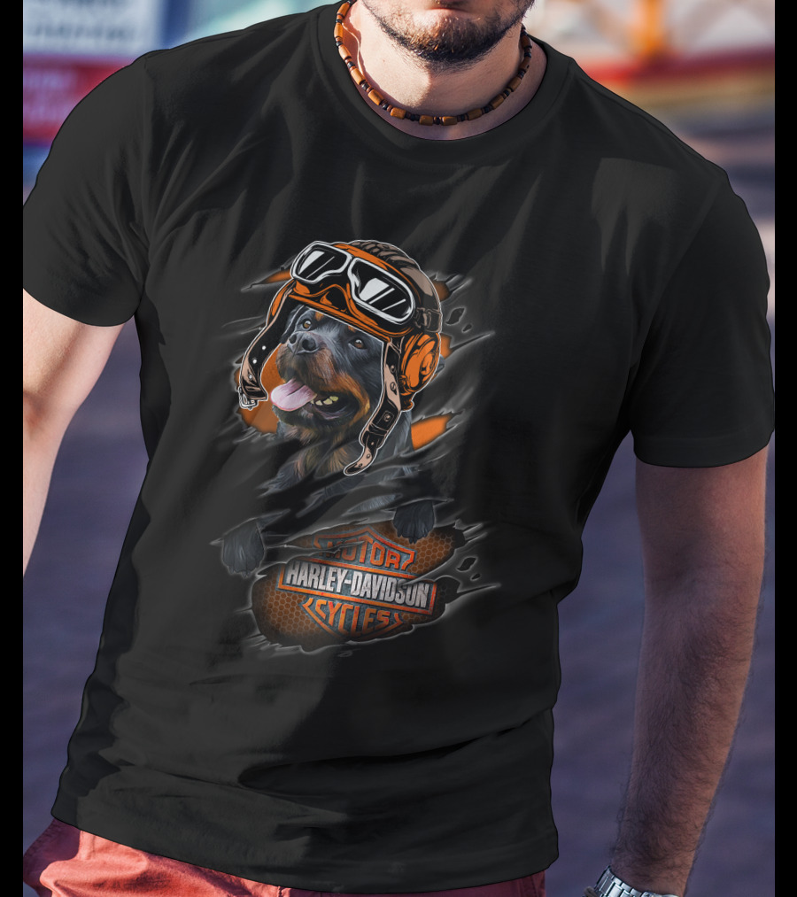Rottweiler Wearing Biker Helmet Harley Davidson Motor Cycles T-Shirt
