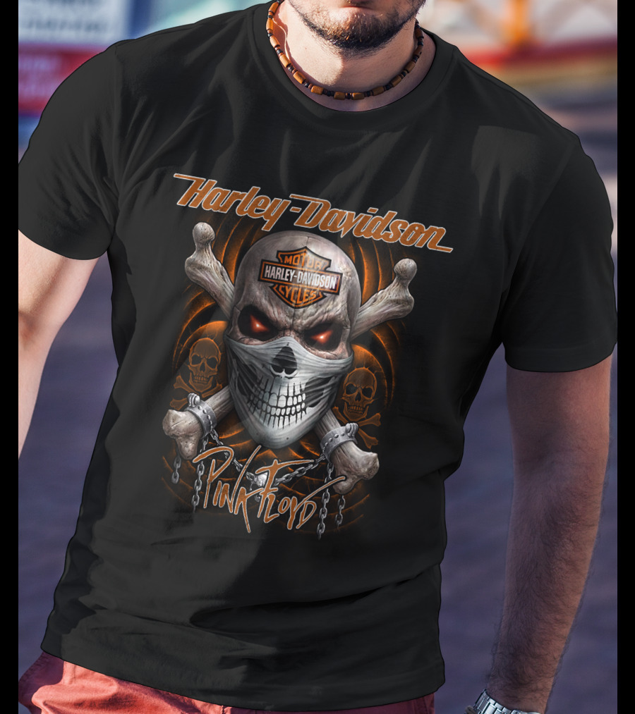 Harley Davidson Pink Floyd Skull Design With Chains And Orange Accents T-Shirt