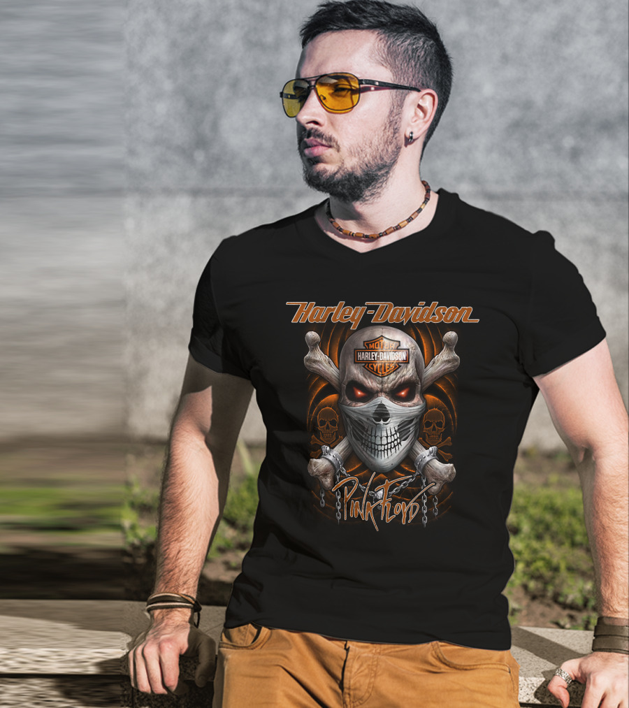 Harley Davidson Pink Floyd Skull Design With Chains And Orange Accents T-Shirt