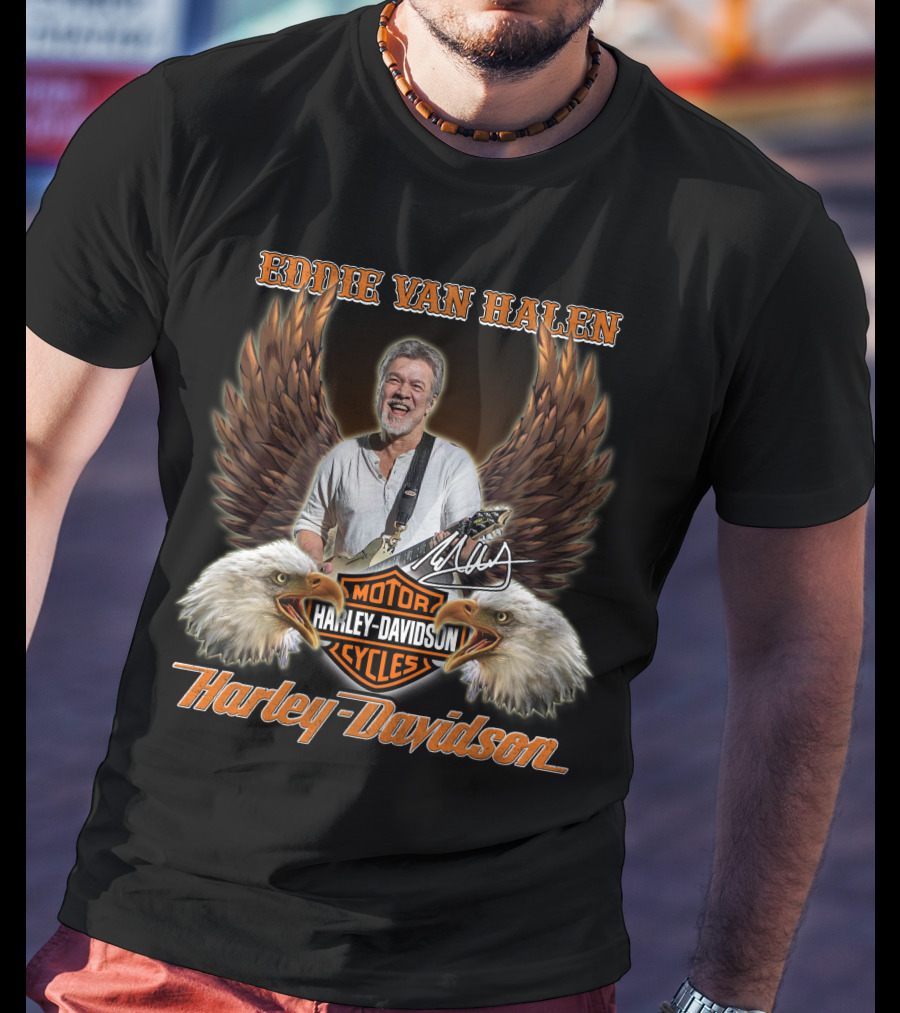 Eddie Van Halen Harley Davidson Motorcycles Eagles Wings T-Shirt