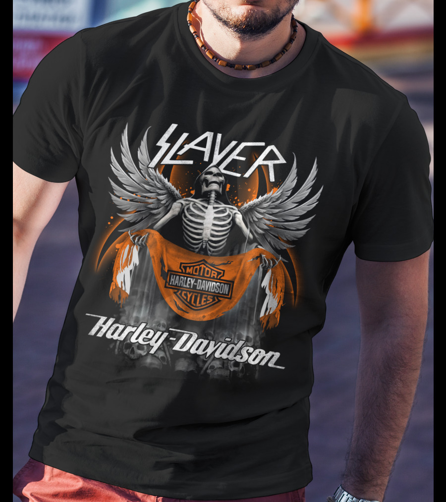 Slayer Harley Davidson Motorcycles Skeleton With Angel Wings T-Shirt