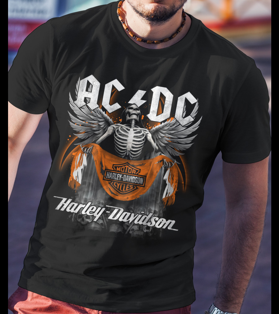 Acdc Harley Davidson Motorcycles Skeleton Wings T-Shirt