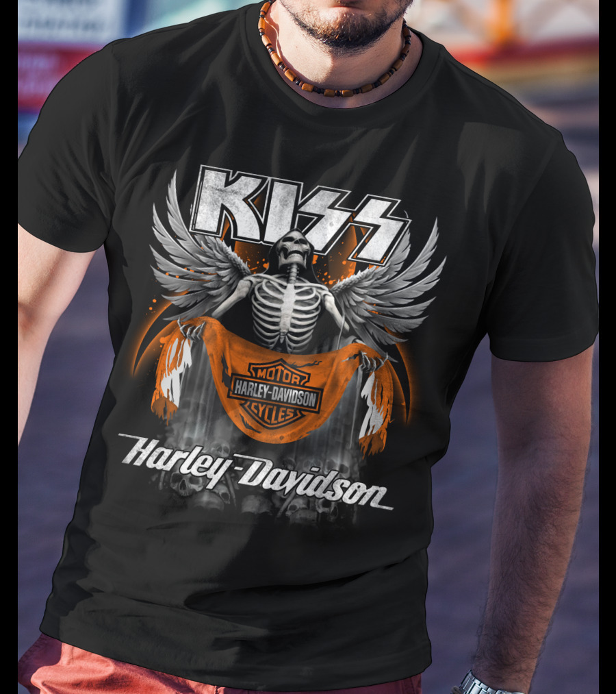 Kiss Harley Davidson Skeleton Wings Motorcycle Banner T-Shirt