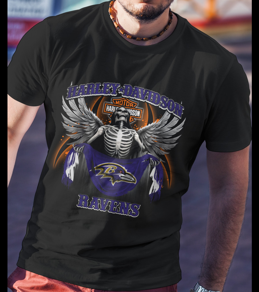 Harley Davidson Skeleton Wings Baltimore Ravens T-Shirt