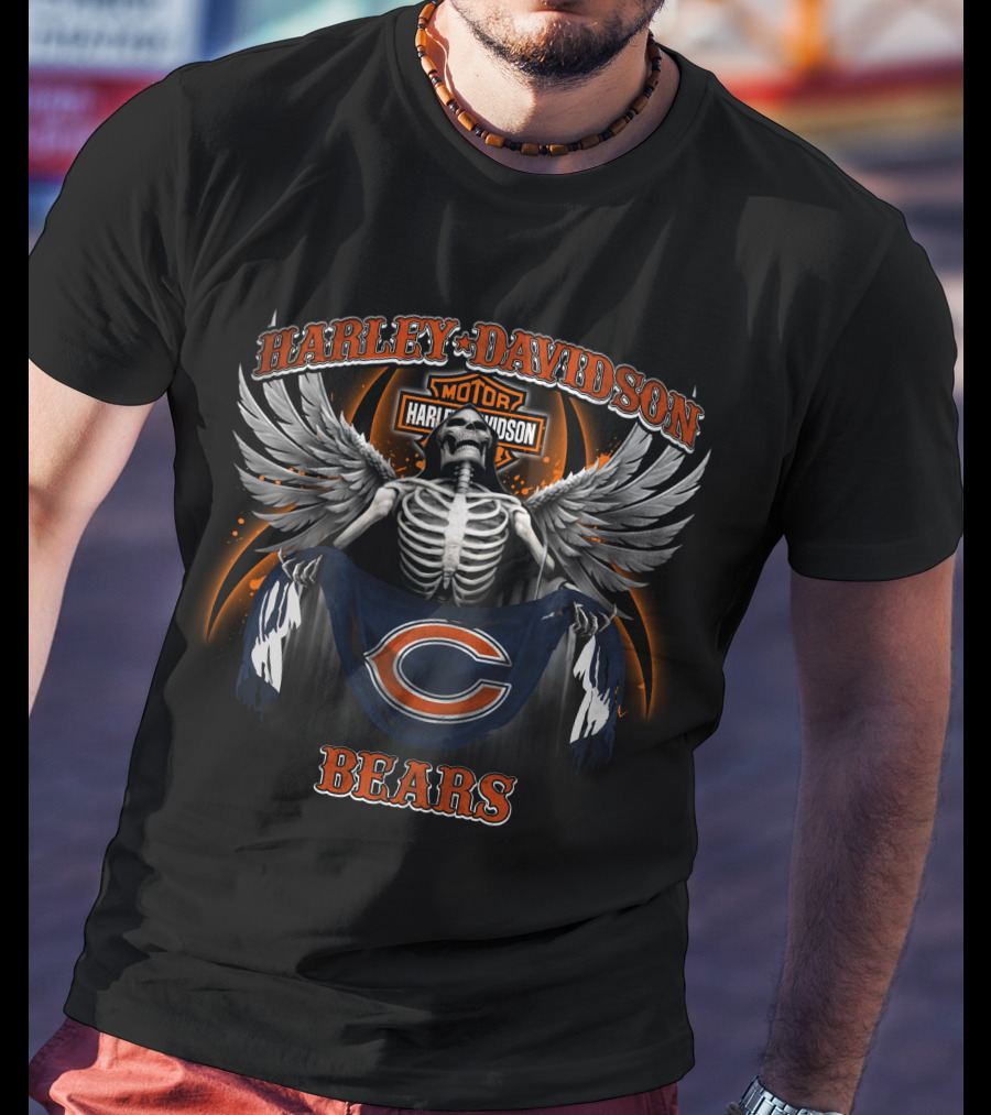 Harley Davidson Chicago Bears Skeleton Wings T-Shirt