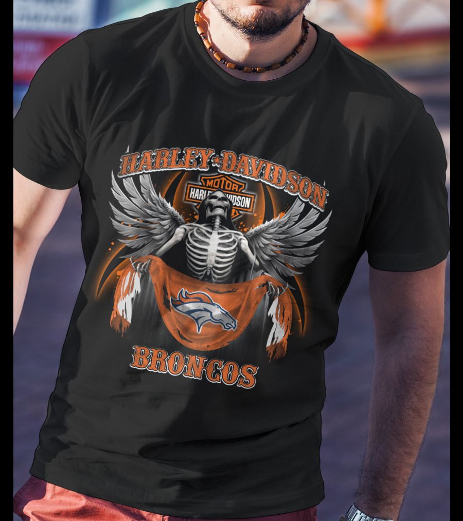 Harley Davidson Denver Broncos Motorcycle Skeleton Wings T-Shirt