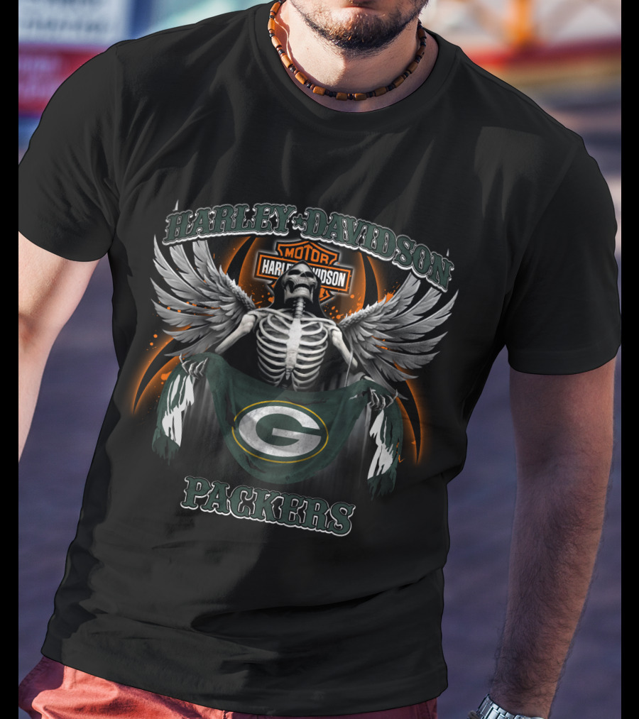 Harley Davidson Green Bay Packers Skeleton Wings T-Shirt