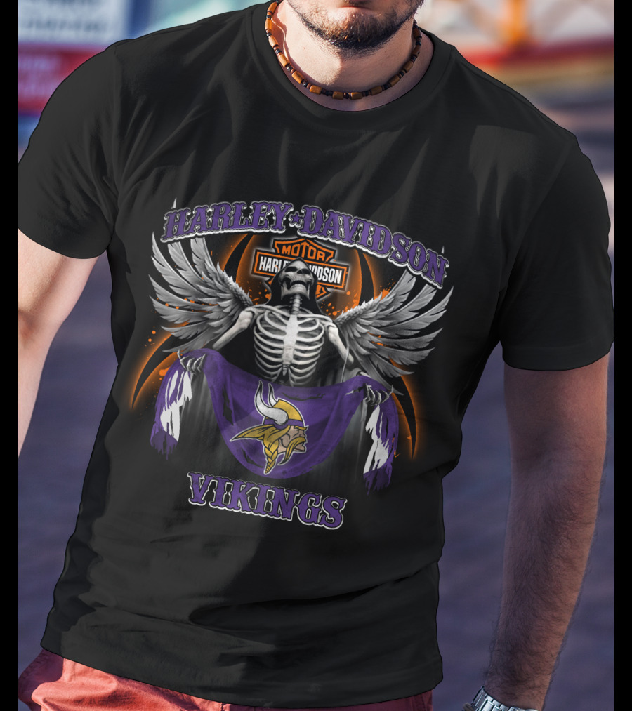 Harley Davidson Minnesota Vikings Skeleton Wings Motorcycle And Nfl Fan T-Shirt