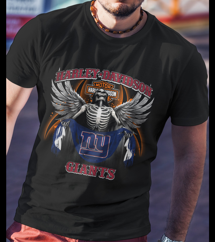 Harley Davidson Motor New York Giants Skeleton Wings T-Shirt