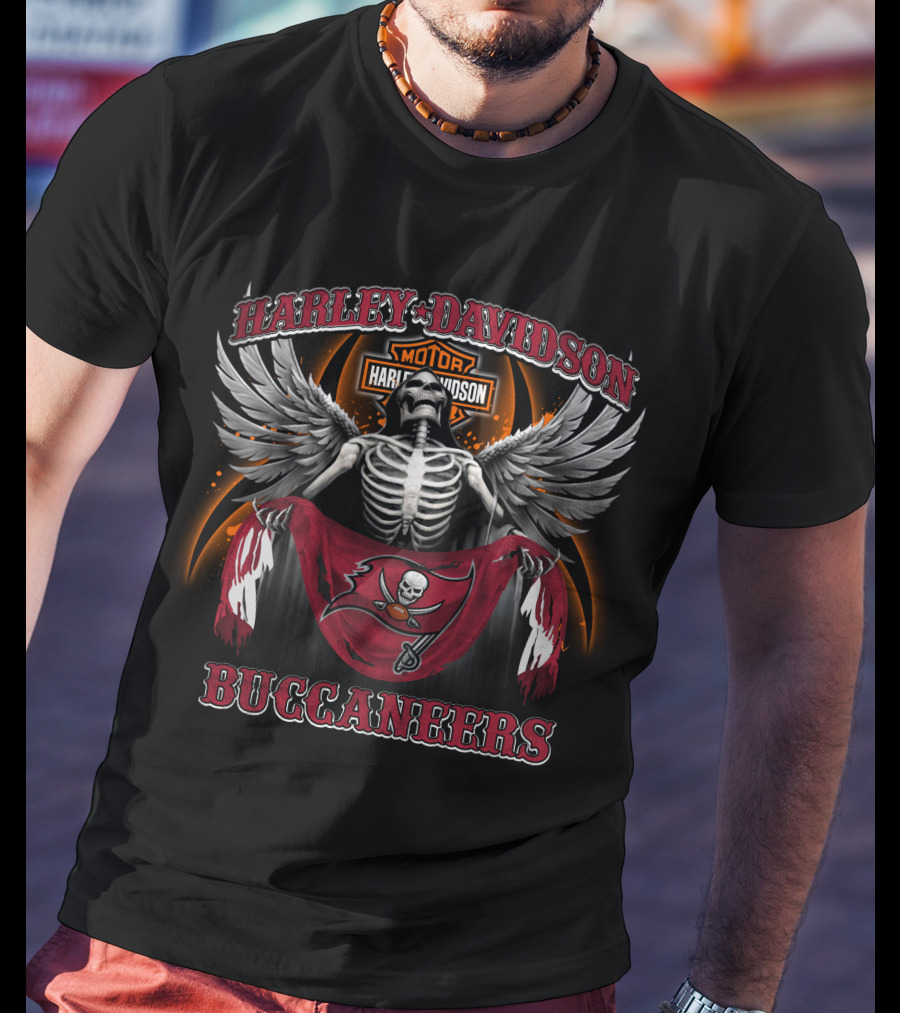 Harley Davidson Motor Tampa Bay Buccaneers Skeleton Wings T-Shirt