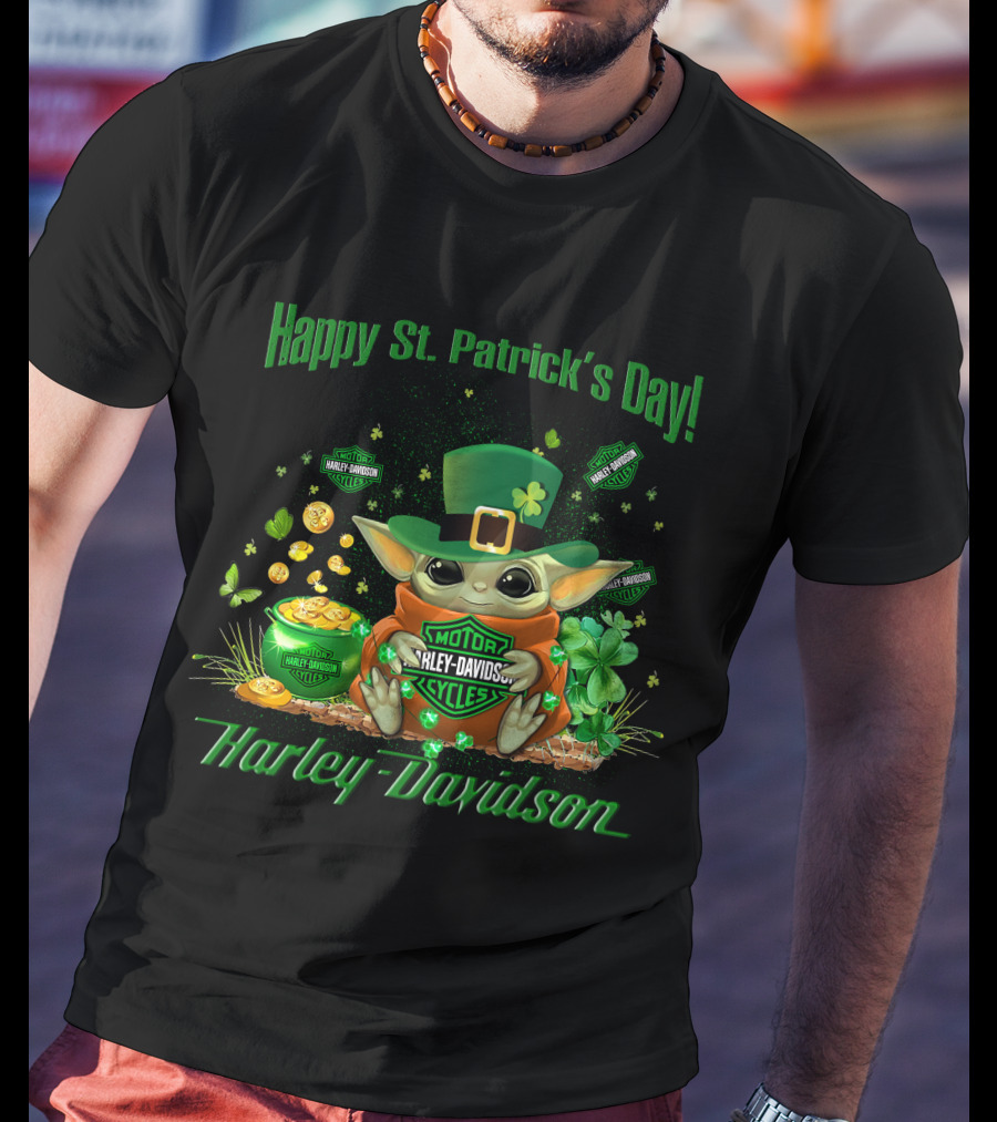 Happy St. Patrick's Day Baby Yoda Harley Davidson T-Shirt
