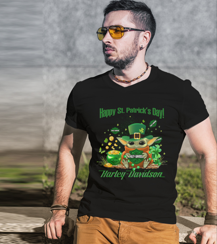 Happy St. Patrick's Day Baby Yoda Harley Davidson T-Shirt