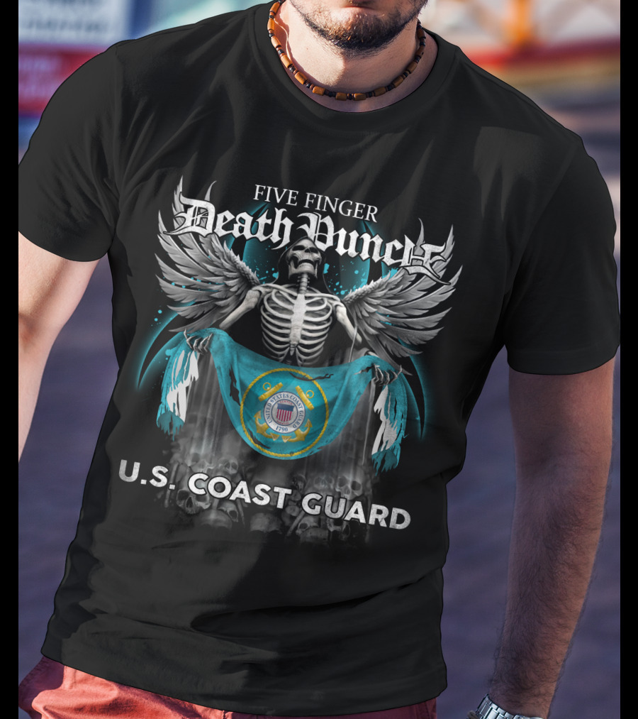 Five Finger Death Punch Skeleton With Wings Holding United States Coast Guard Flag And Emblem T-Shirt