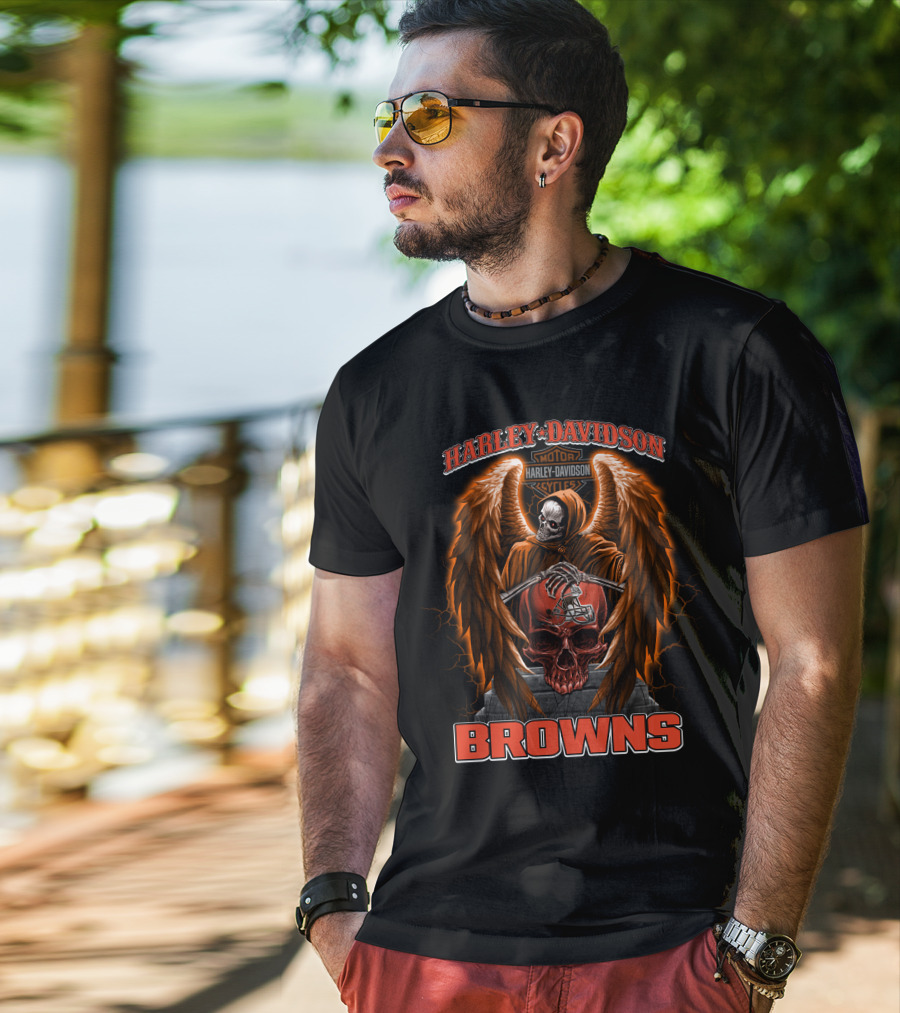 Harley Davidson Motorcycles Cleveland Browns Skull Angel Wings Nfl T-Shirt