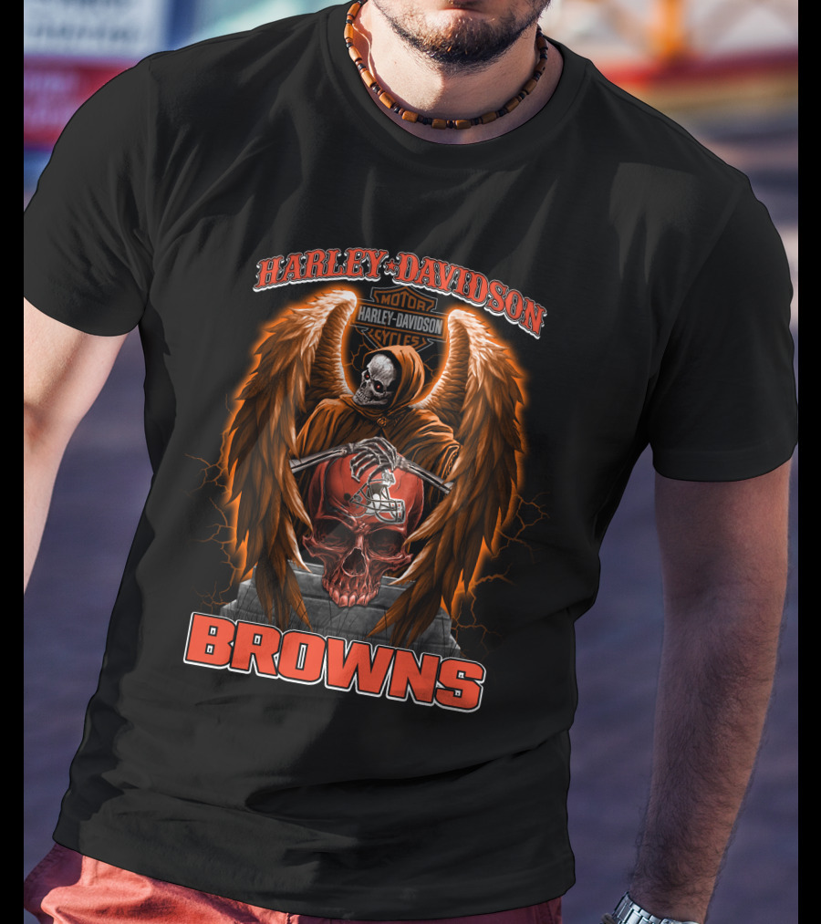 Harley Davidson Motorcycles Cleveland Browns Skull Angel Wings Nfl T-Shirt