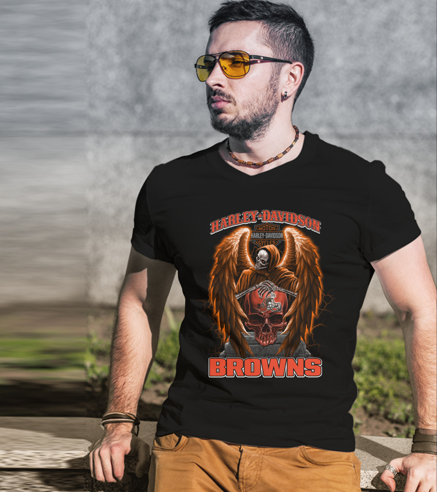Harley Davidson Motorcycles Cleveland Browns Skull Angel Wings Nfl T-Shirt
