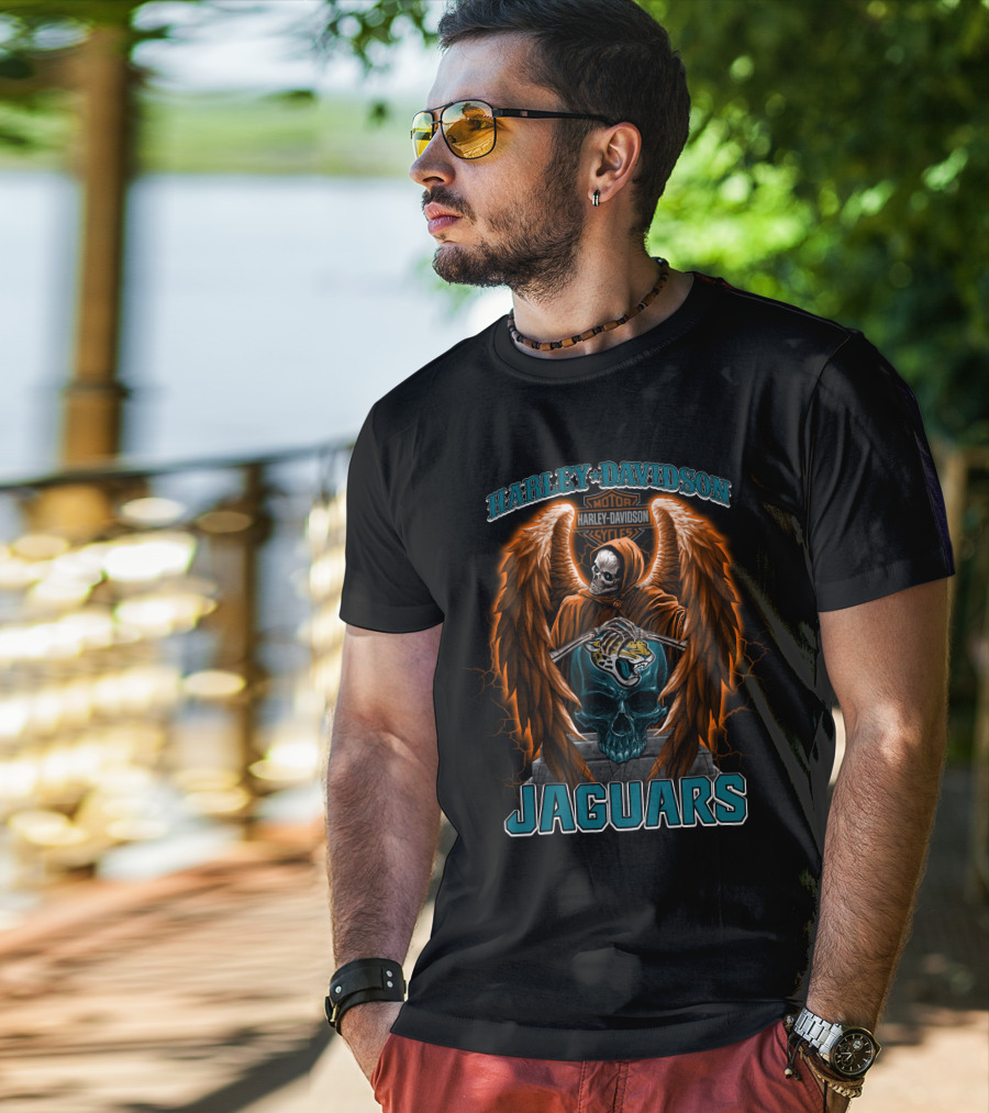 Harley Davidson Skull With Wings And Jacksonville Jaguars T-Shirt