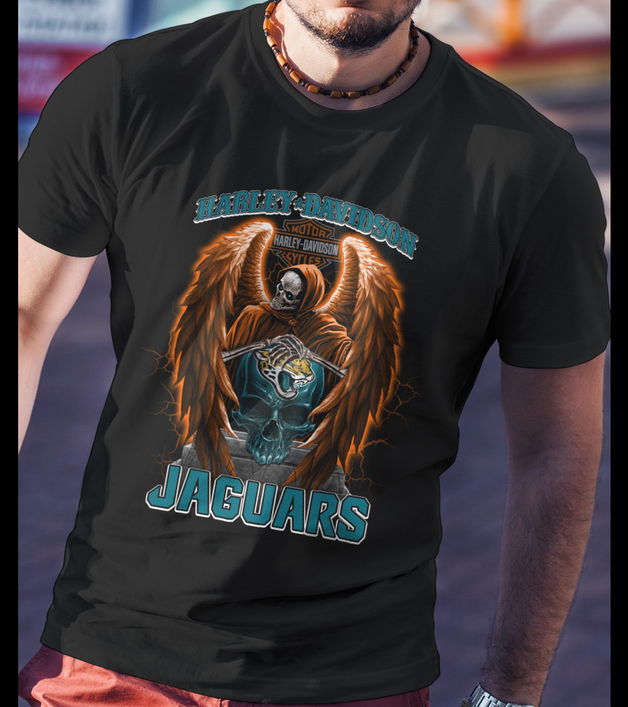 Harley Davidson Skull With Wings And Jacksonville Jaguars T-Shirt