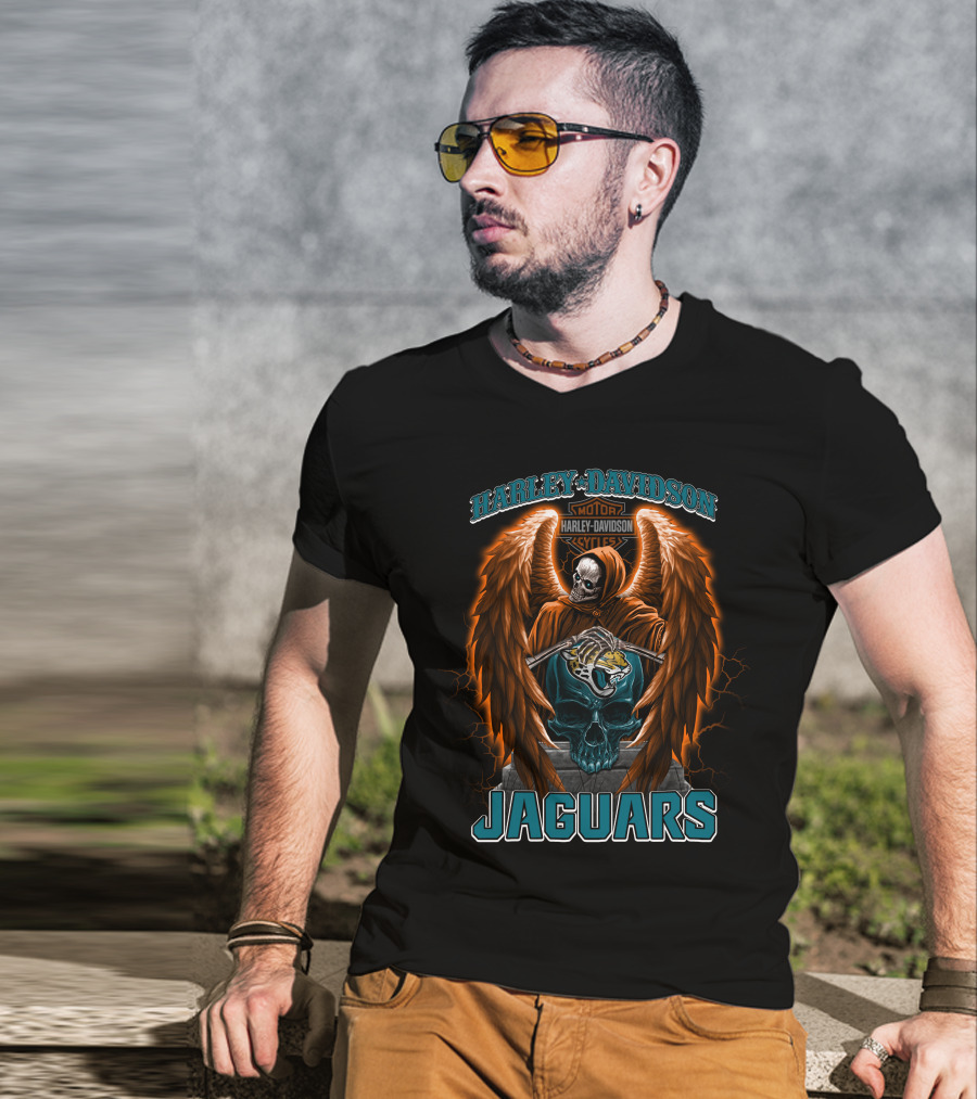 Harley Davidson Skull With Wings And Jacksonville Jaguars T-Shirt