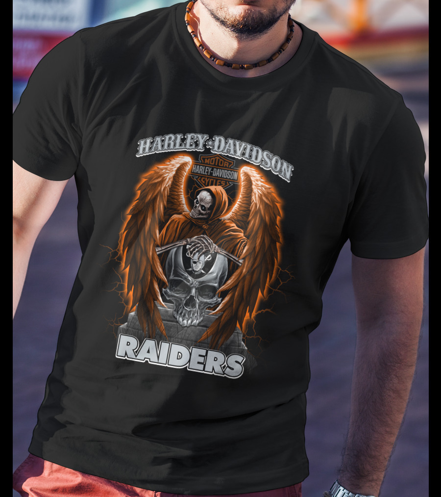 Harley Davidson Las Vegas Raiders Nfl Skeleton Skull Wings T-Shirt