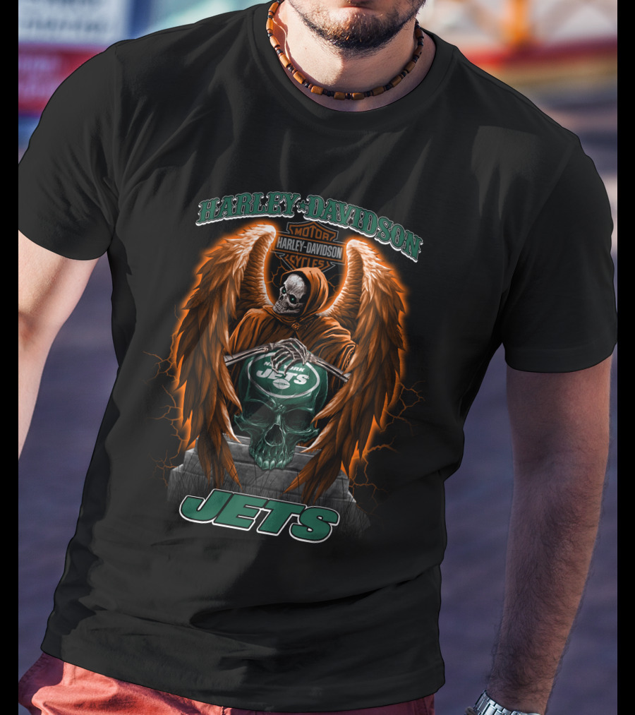 Harley Davidson Motorcycles New York Jets Skull Wings Nfl T-Shirt