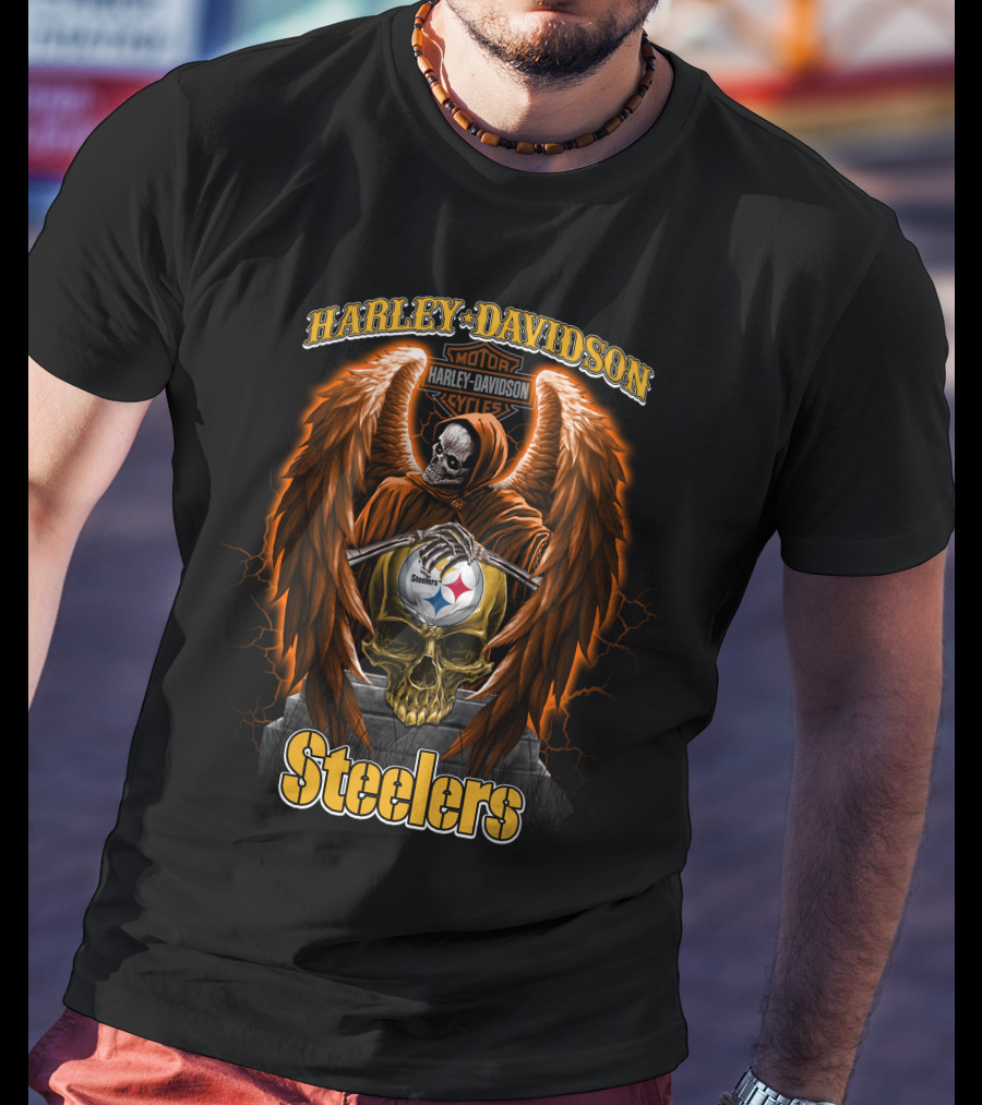 Harley Davidson Motorcycles Steelers Skull With Wings Nfl Pittsburgh T-Shirt