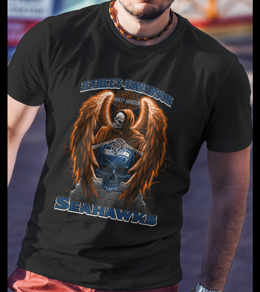 Seattle Seahawks Nfl Harley Davidson Skull Wings T-Shirt