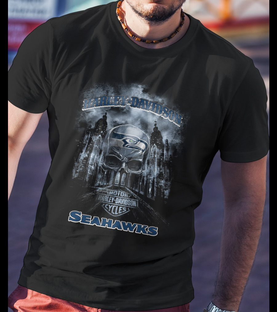 Harley Davidson Motor Cycles Skull Seattle Seahawks T-Shirt
