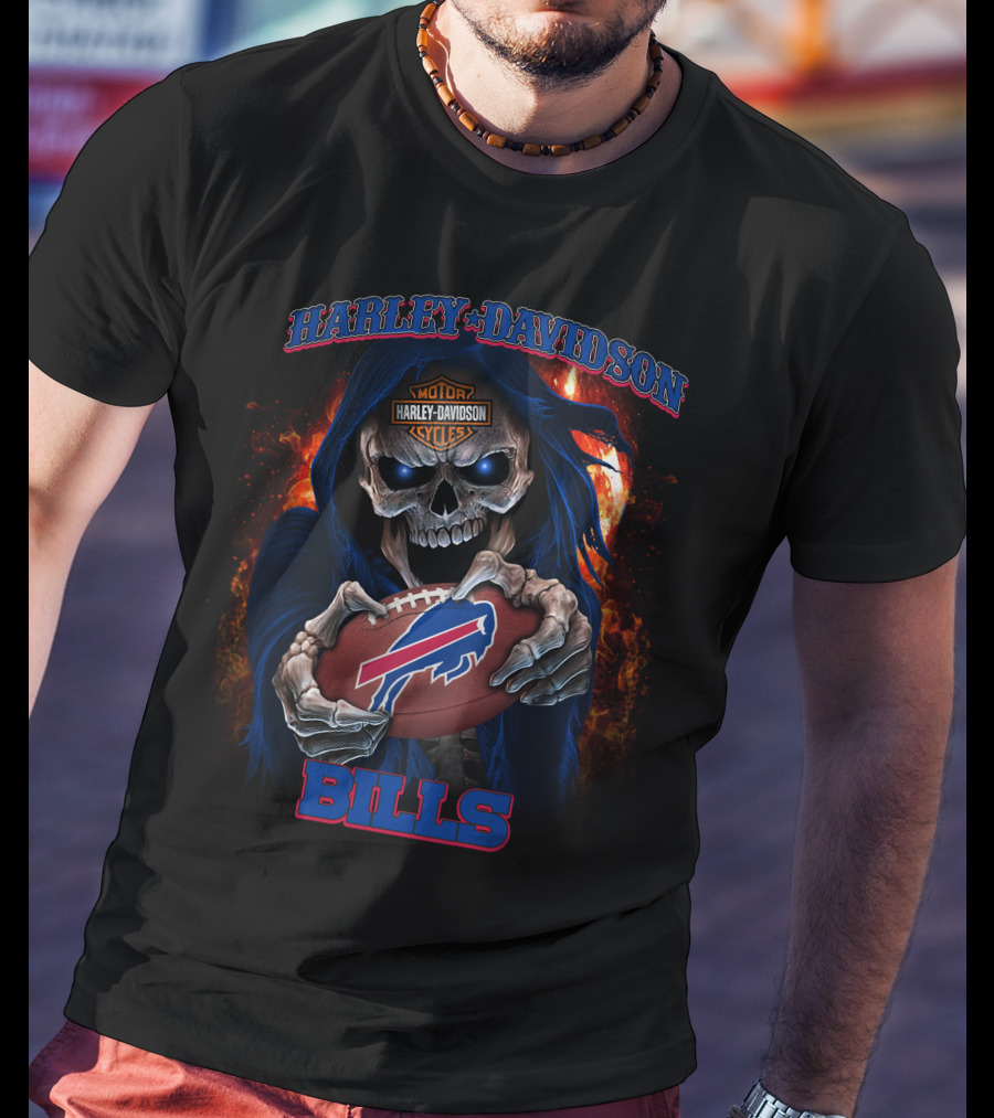 Harley Davidson Buffalo Bills Skull Holding Football T-Shirt