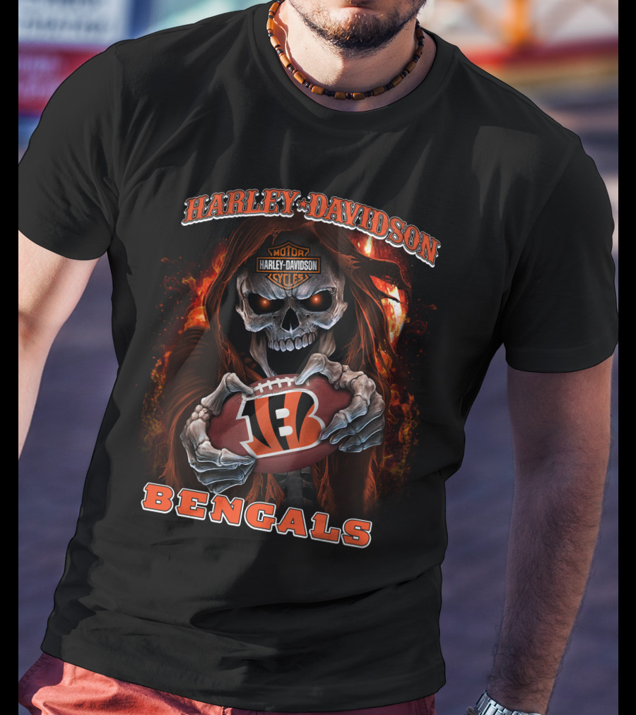 Harley Davidson Motor Cycles Skull Cincinnati Bengals Football T-Shirt