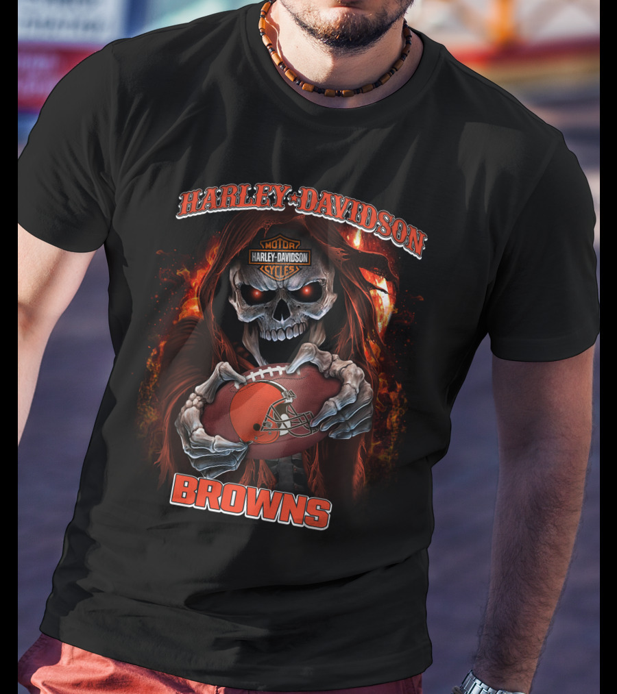 Harley Davidson Motor Cycles Cleveland Browns Skull Football T-Shirt