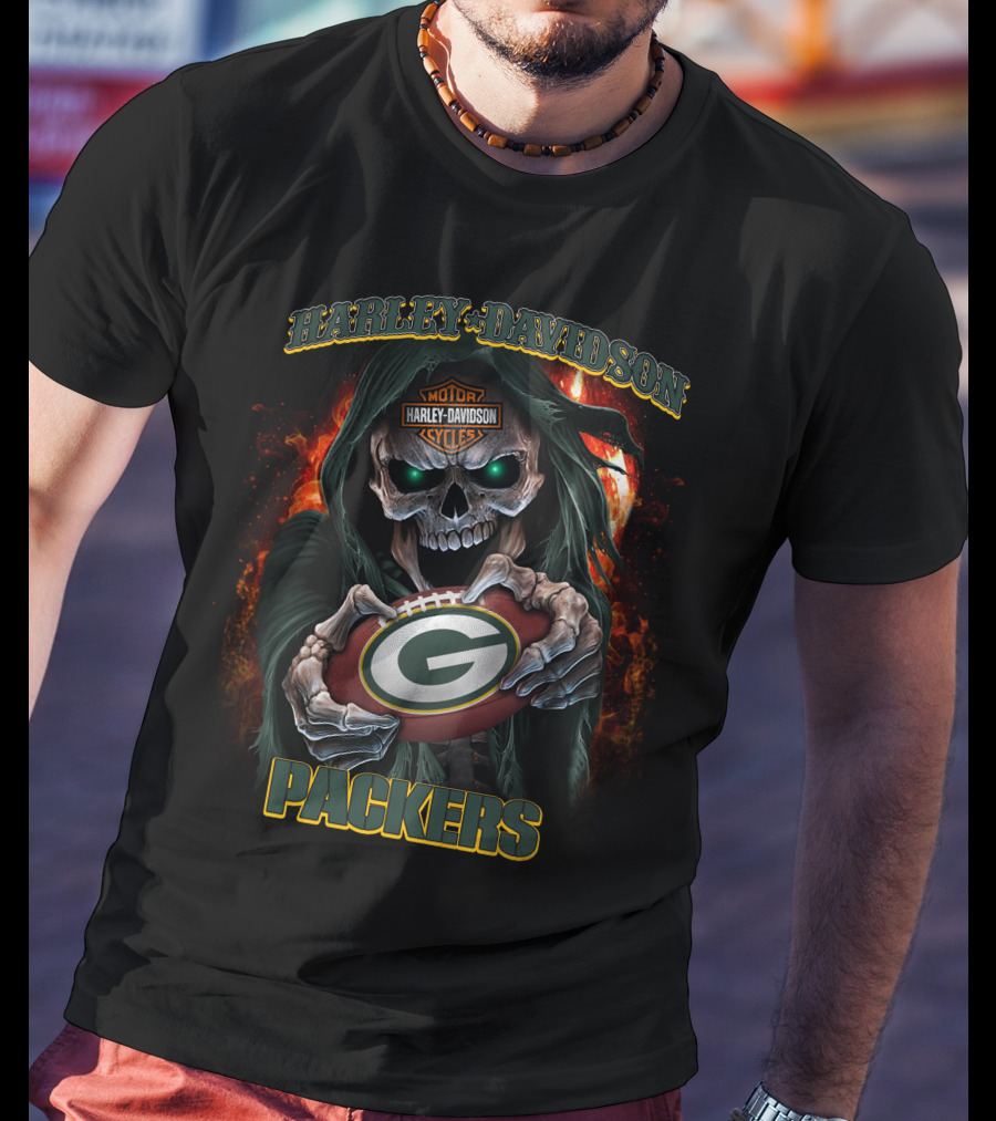 Harley Davidson Motor Cycles Green Bay Packers Skull T-Shirt