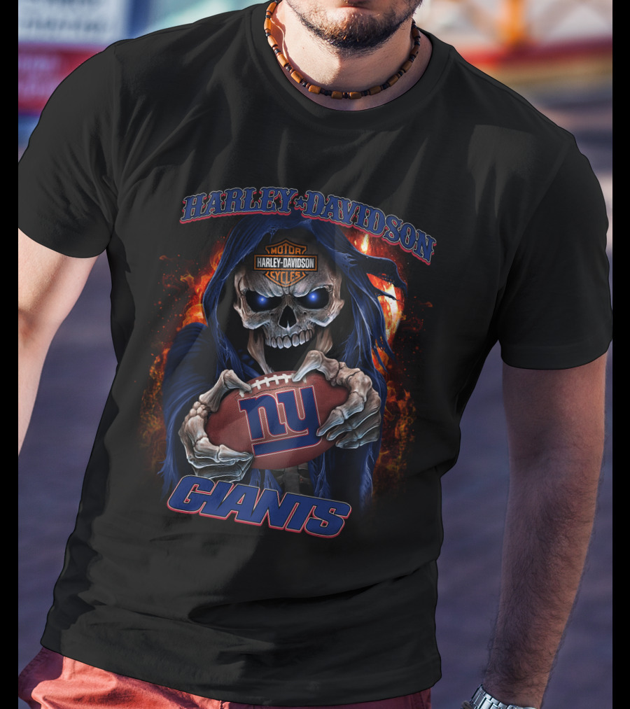 Harley Davidson New York Giants Skull Holding Football T-Shirt