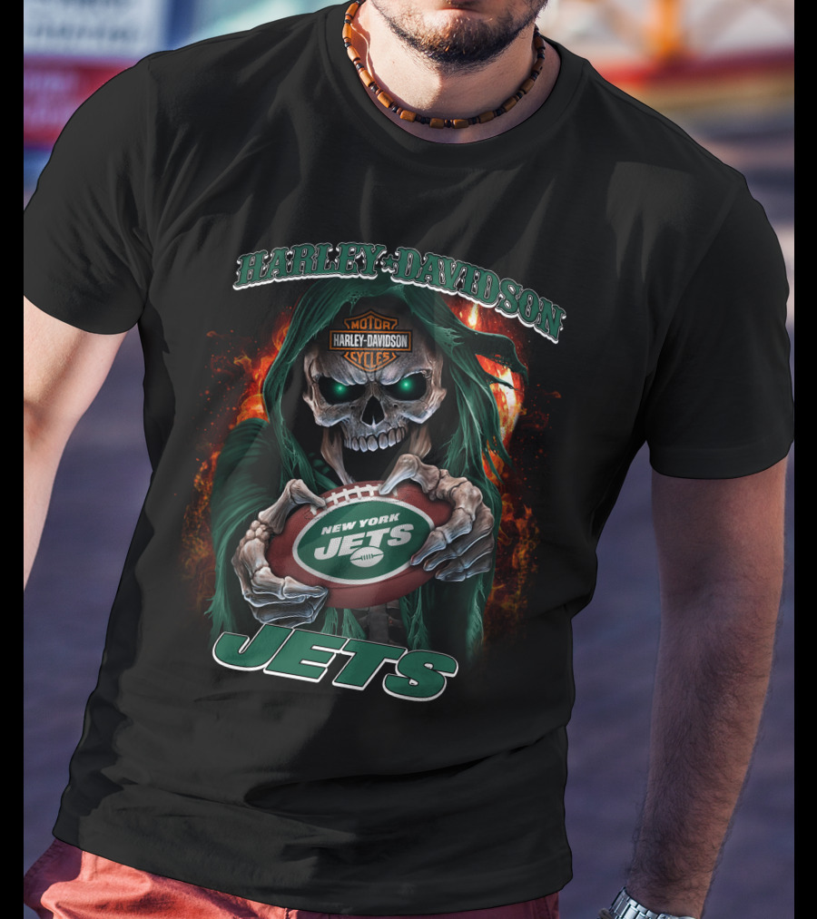 Harley Davidson Motor Cycles New York Jets Skull T-Shirt