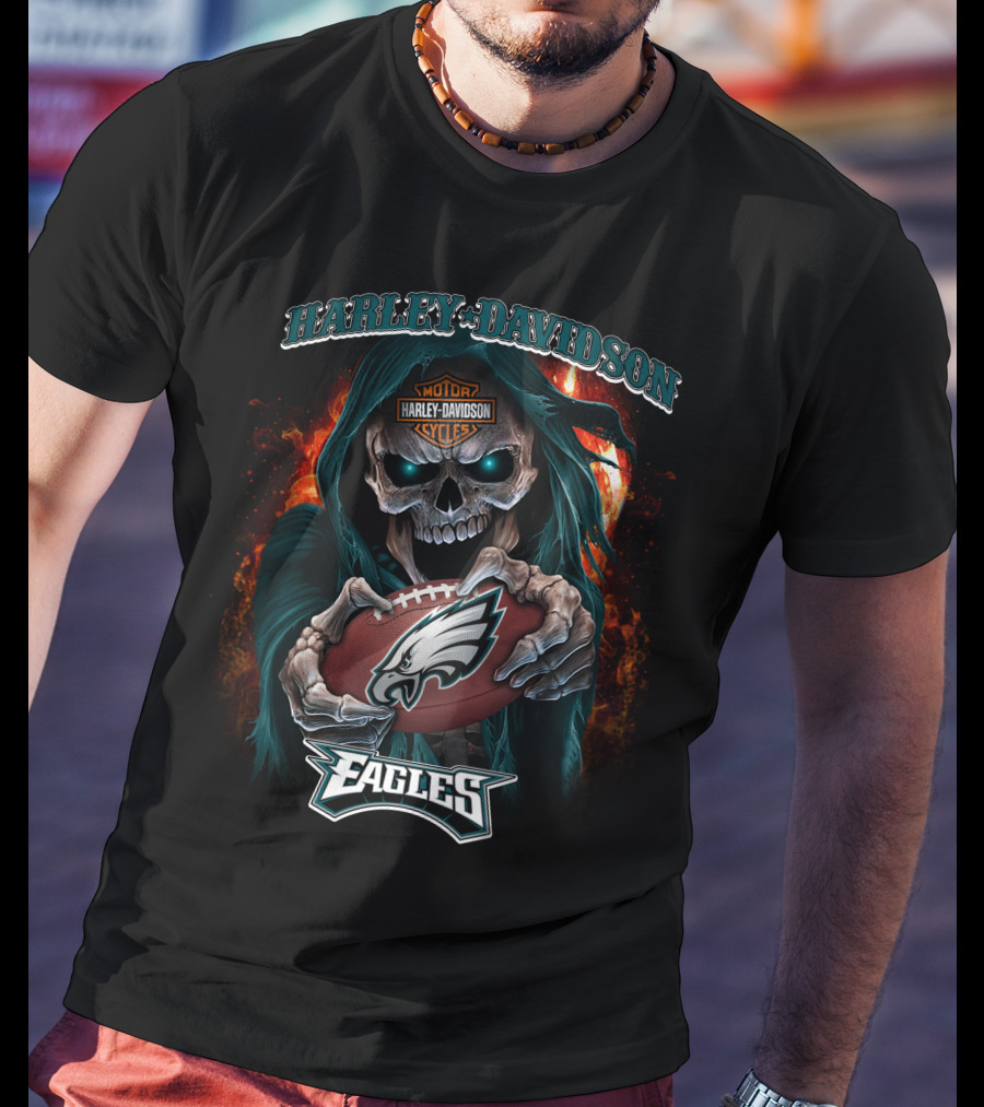 Harley Davidson Skull Holding Philadelphia Eagles Football T-Shirt