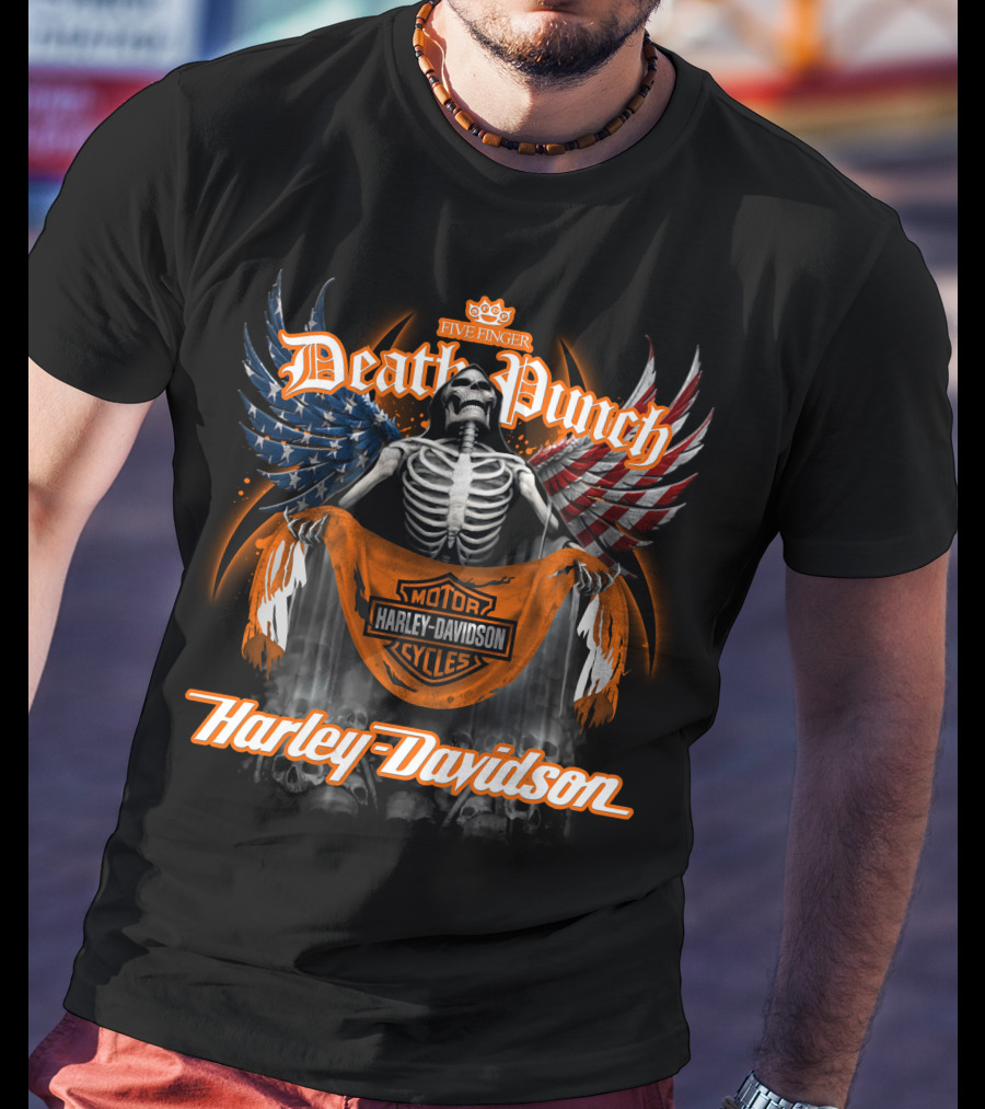 Five Finger Death Punch Harley Davidson American Wings Skeleton T-Shirt