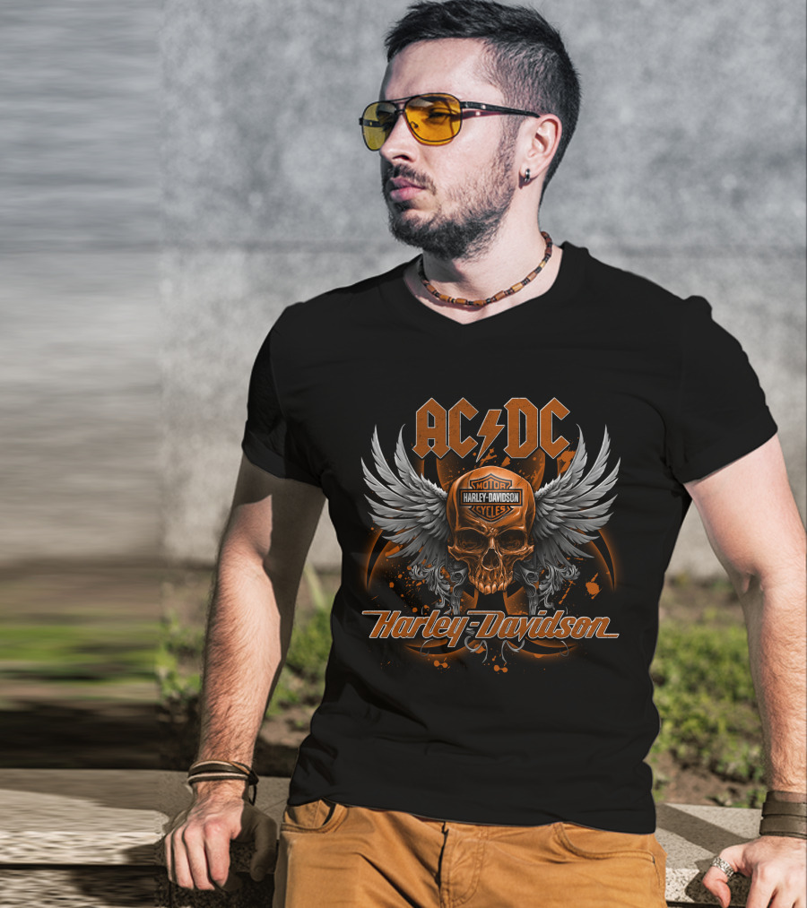 Acdc Harley Davidson Skull Wings Motor Cycles T-Shirt