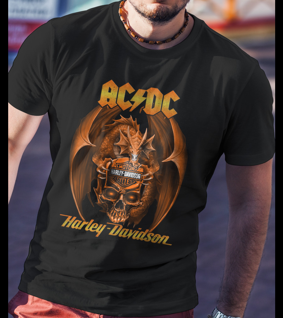 Ac Dc Harley Davidson Motor Cycles Dragon And Skull T-Shirt